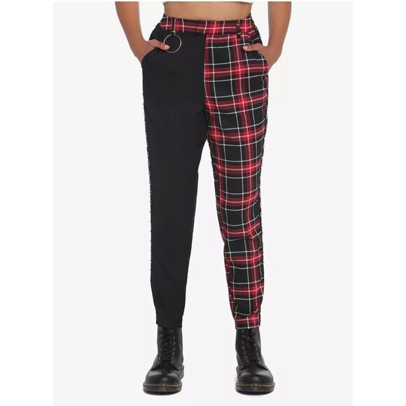 Hot Topic Pants - Hot Topic Womens Pant S Black Red Plaid Split Leg Punk Goth Pants Elastic Waist